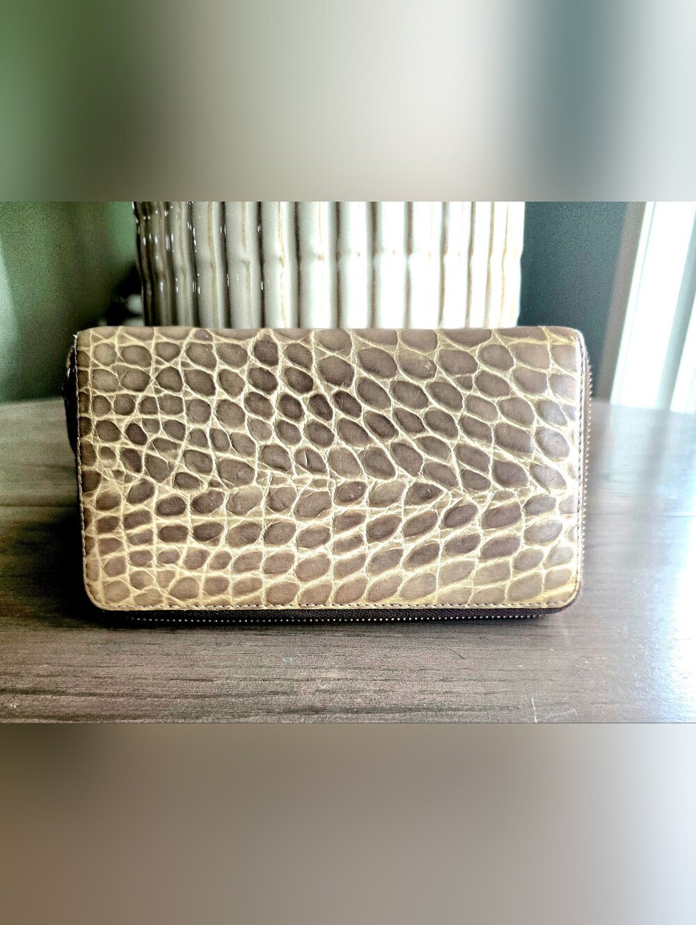 J&M Davidson London Beige Croc Embossed Long Zip Around Wallet